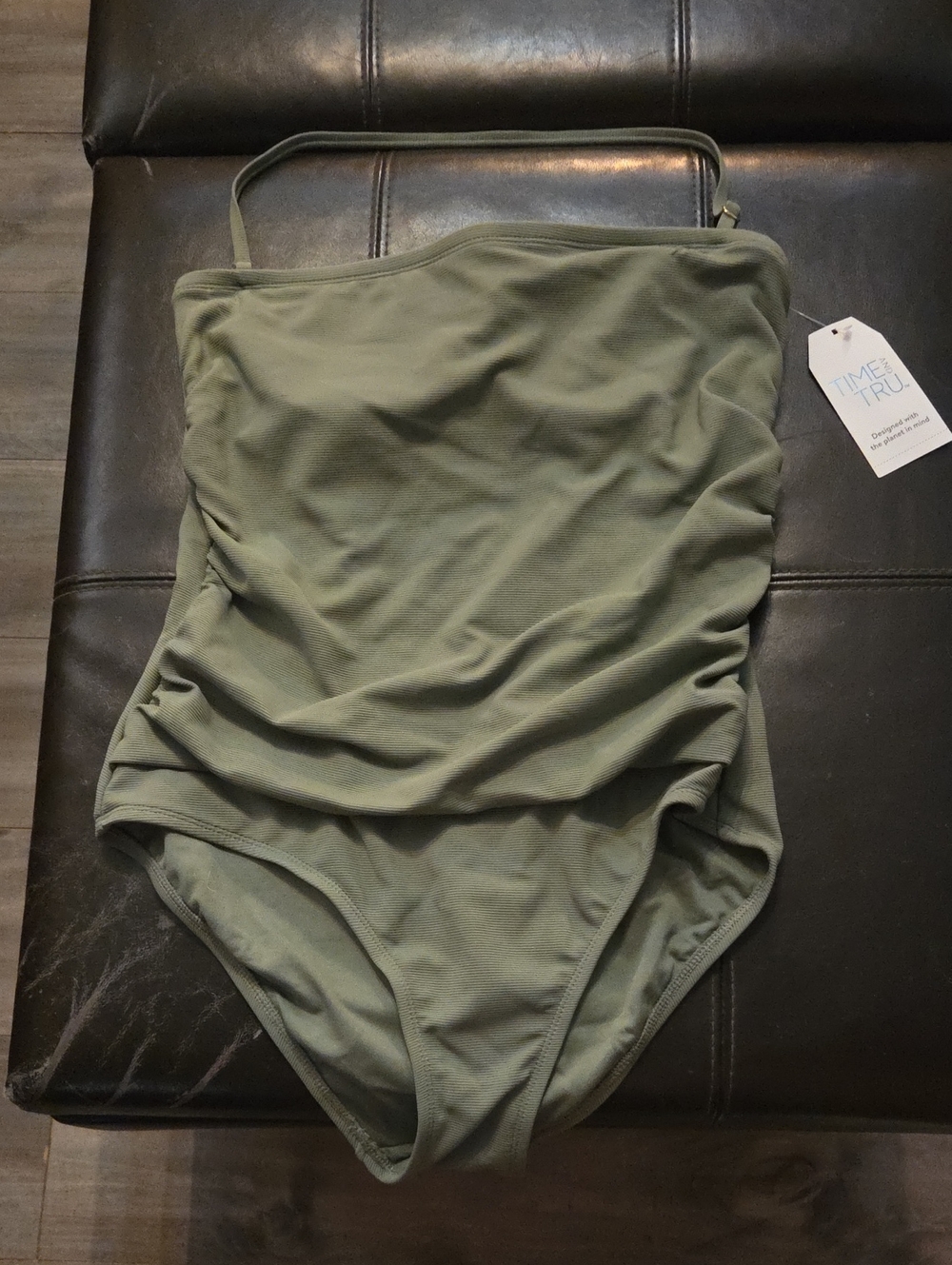 Time and Tru Olive Green Ruched One-Piece Swimsuit